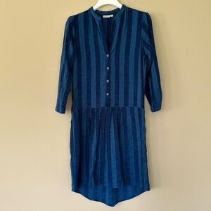THE ODELLS Navy Blue Shirt Dress Velvet Knit Stripe Linen Rayon Long Sleeve Midi